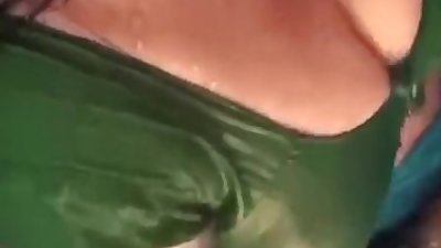 unsatisfied wife out off control bathing pressing her boobs